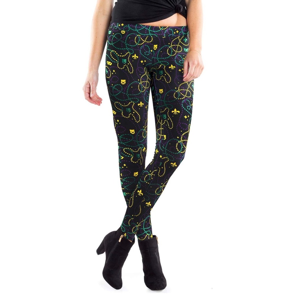 Tipsy Elves Mardi Gras Leggings Womens Medium Black High Waisted Stretch Festive
